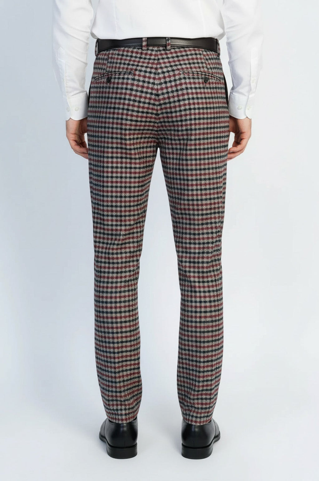 Navy Burgundy Checkered Fabric Trousers – styled view