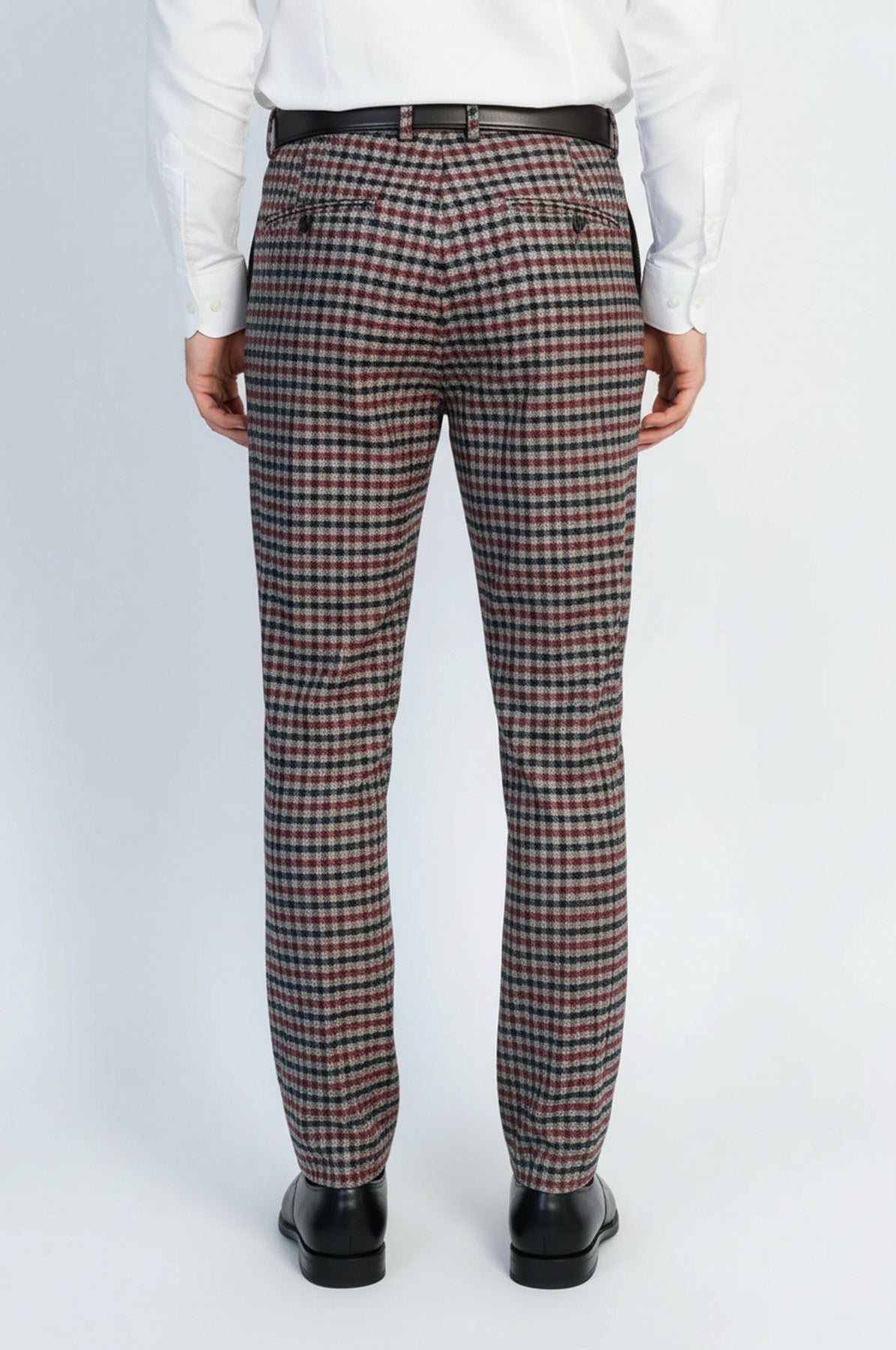 Navy Burgundy Checkered Fabric Trousers – styled view