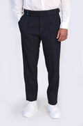 Navy Double-Pleated High-Waisted Slim Fit Trousers with Side Buckles – front view