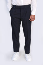 Navy Double-Pleated High-Waisted Slim Fit Trousers with Side Buckles – front view