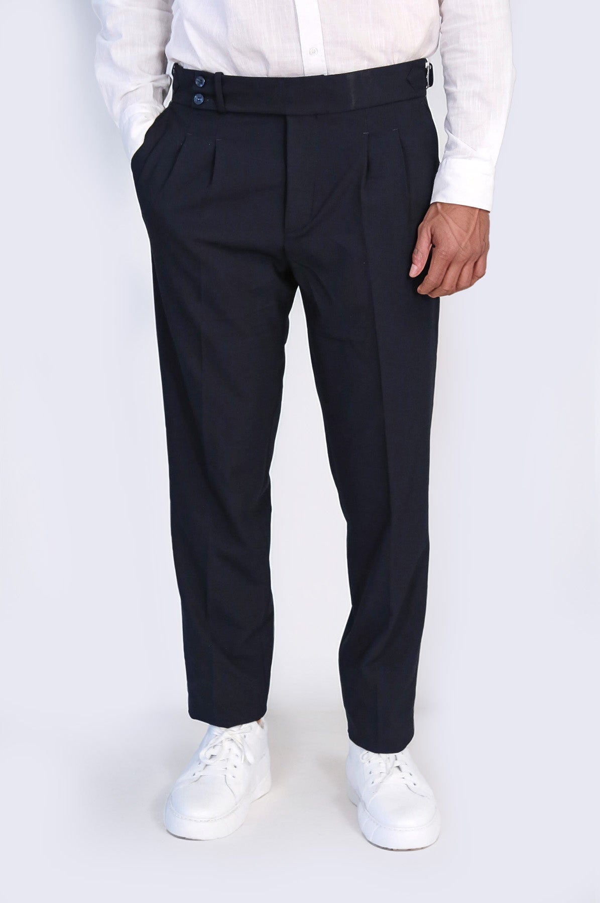 Navy Double-Pleated High-Waisted Slim Fit Trousers with Side Buckles – front view