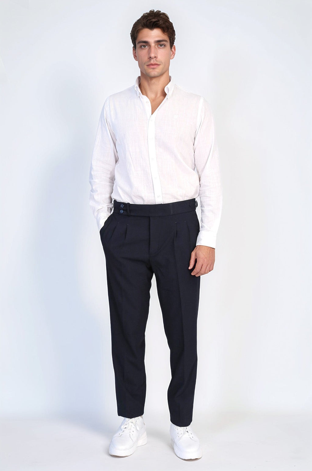 Navy Double-Pleated High-Waisted Slim Fit Trousers with Side Buckles – side view
