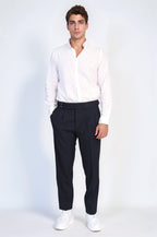 Navy Double-Pleated High-Waisted Slim Fit Trousers with Side Buckles – side view