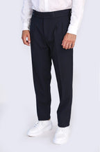 Navy Double-Pleated High-Waisted Slim Fit Trousers with Side Buckles – styled view