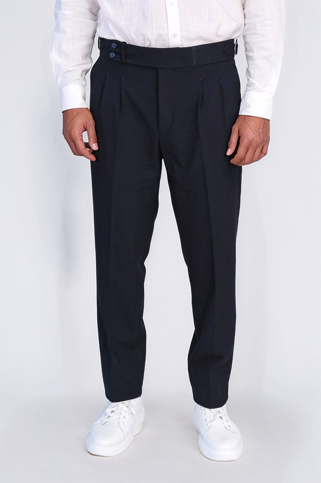 Navy Double-Pleated High-Waisted Slim Fit Trousers with Side Buckles – close up view