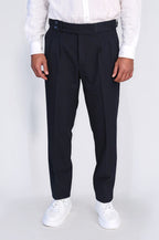 Navy Double-Pleated High-Waisted Slim Fit Trousers with Side Buckles – close up view