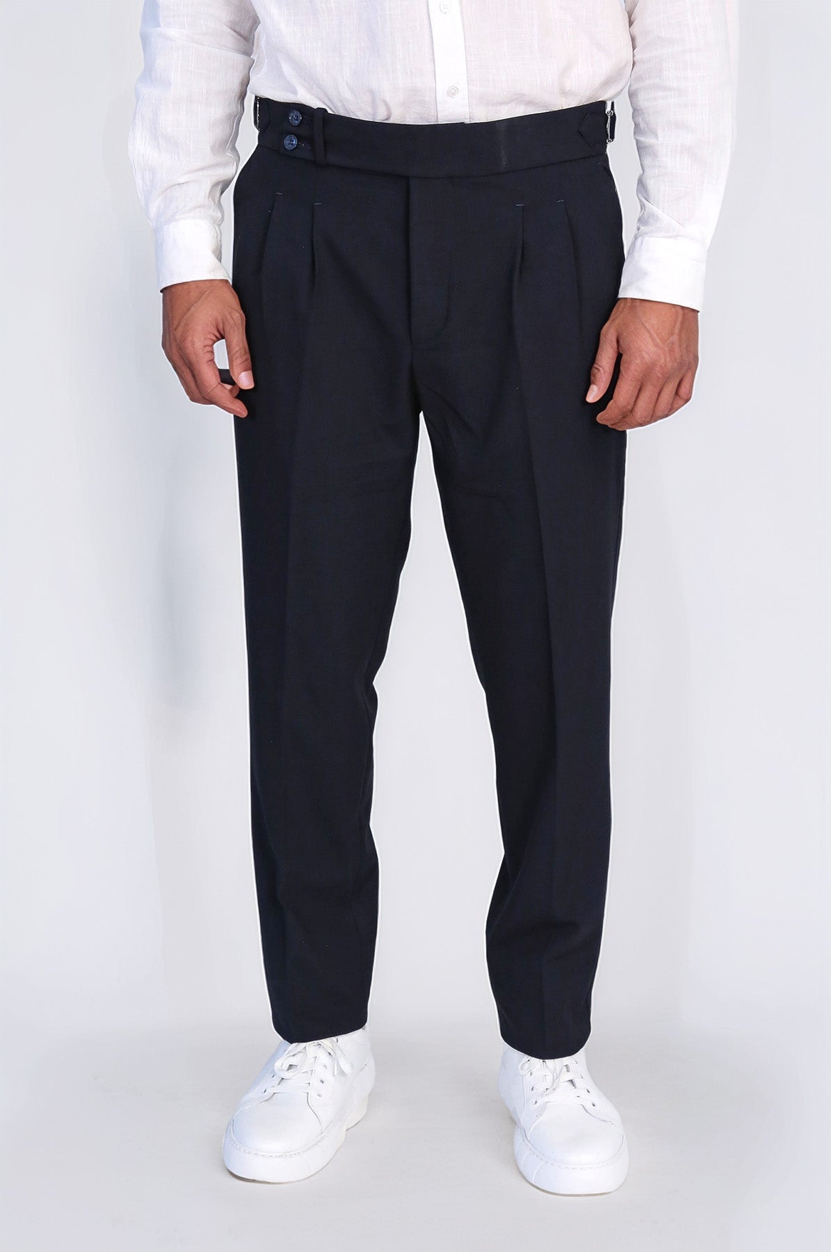 Navy Double-Pleated High-Waisted Slim Fit Trousers with Side Buckles – close up view