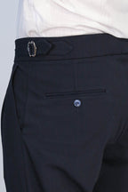 Navy Double-Pleated High-Waisted Slim Fit Trousers with Side Buckles – full look view