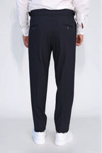 Navy Double-Pleated High-Waisted Slim Fit Trousers with Side Buckles – fabric detail view