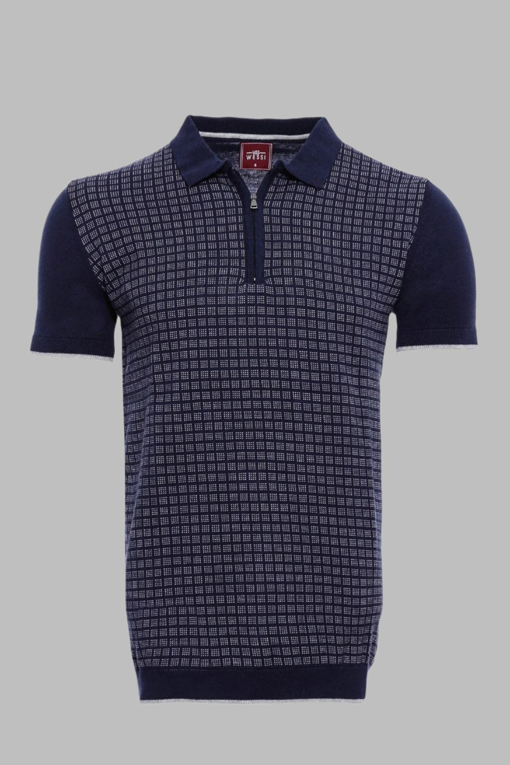 Navy Plaid Zippered Knitted Polo T-Shirt – front view
