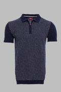 Navy Plaid Zippered Knitted Polo T-Shirt – front view