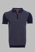 Navy Plaid Zippered Knitted Polo T-Shirt – front view