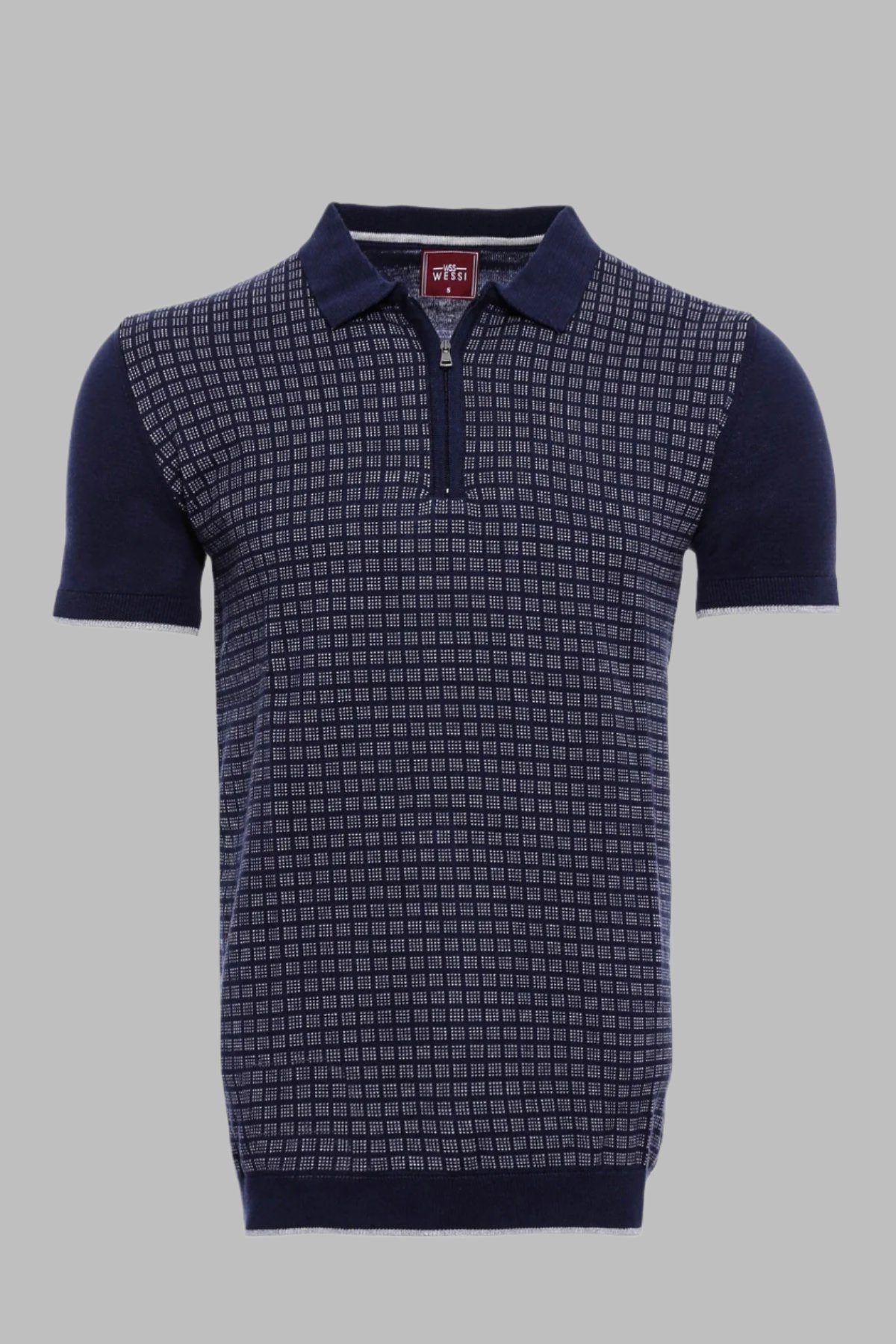 Navy Plaid Zippered Knitted Polo T-Shirt – front view