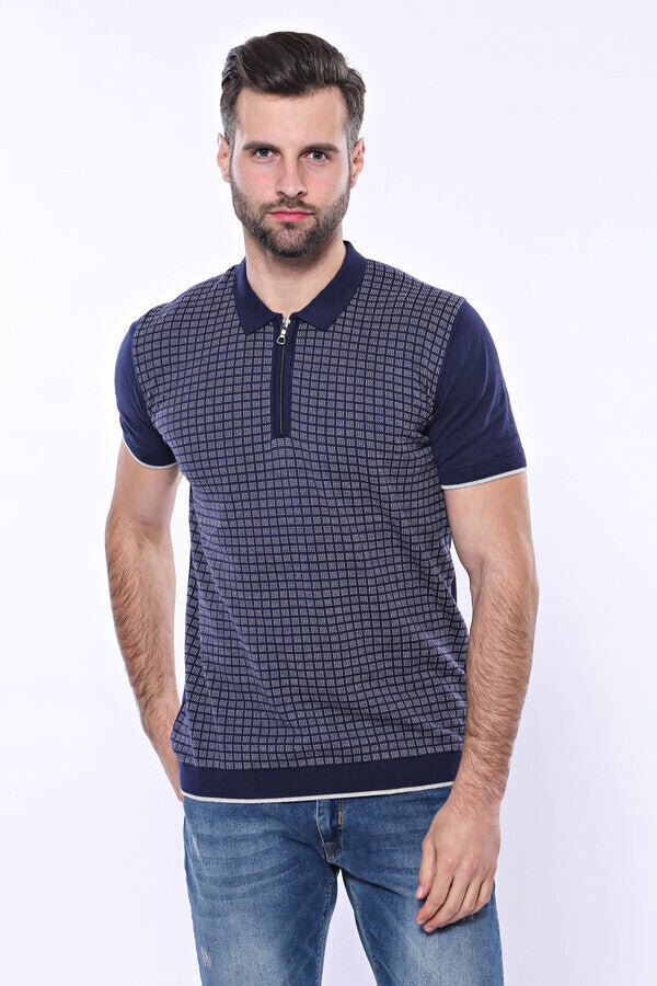 Navy Plaid Zippered Knitted Polo T-Shirt – detail view