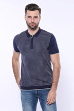 Navy Plaid Zippered Knitted Polo T-Shirt – detail view