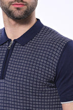 Navy Plaid Zippered Knitted Polo T-Shirt – side view