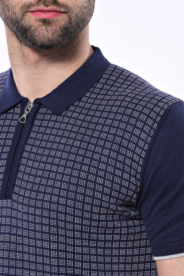 Navy Plaid Zippered Knitted Polo T-Shirt – side view
