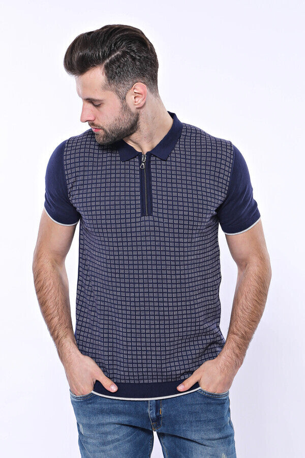 Navy Plaid Zippered Knitted Polo T-Shirt – styled view
