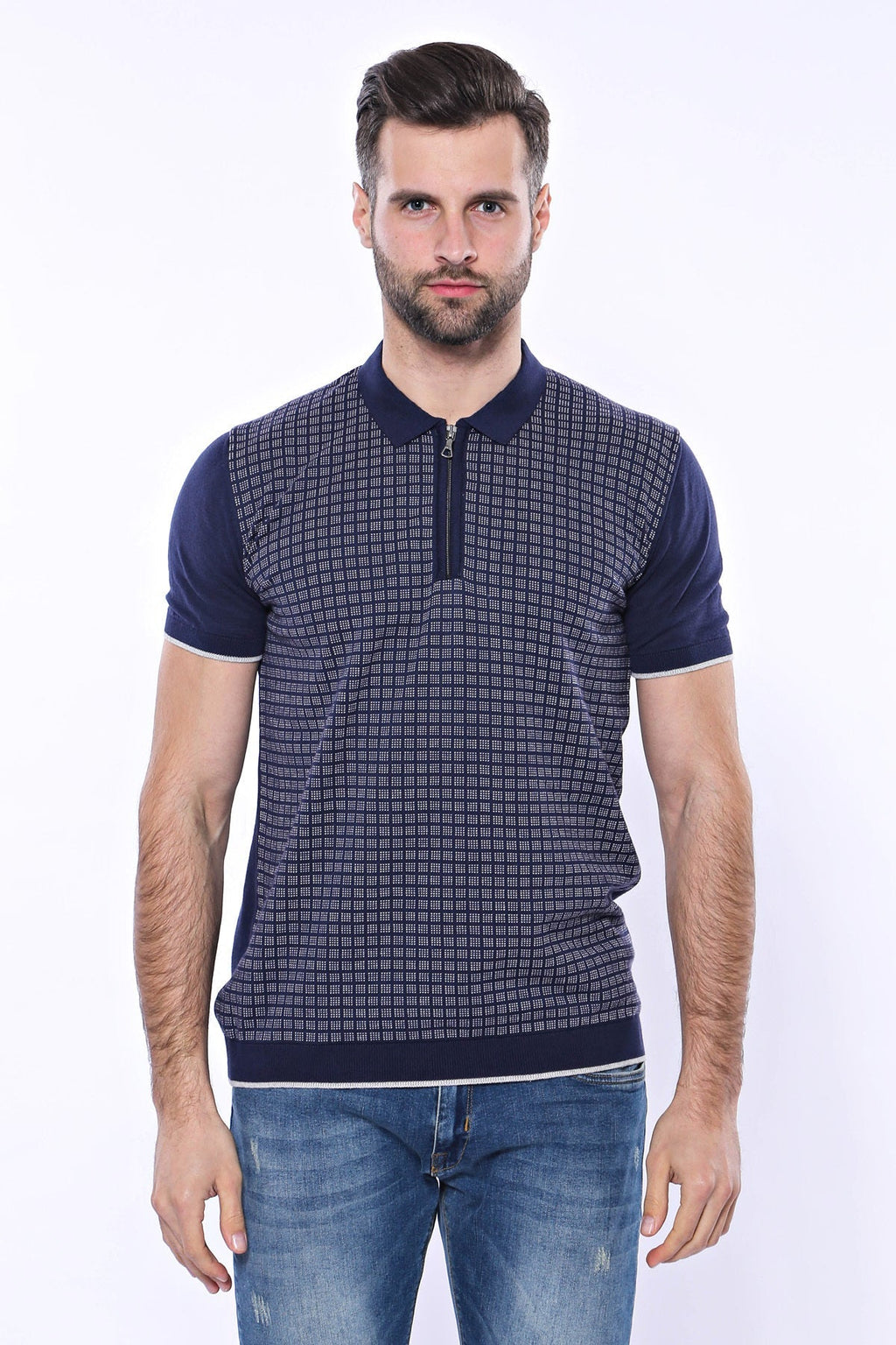 Navy Plaid Zippered Knitted Polo T-Shirt – close up view