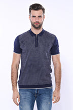 Navy Plaid Zippered Knitted Polo T-Shirt – close up view