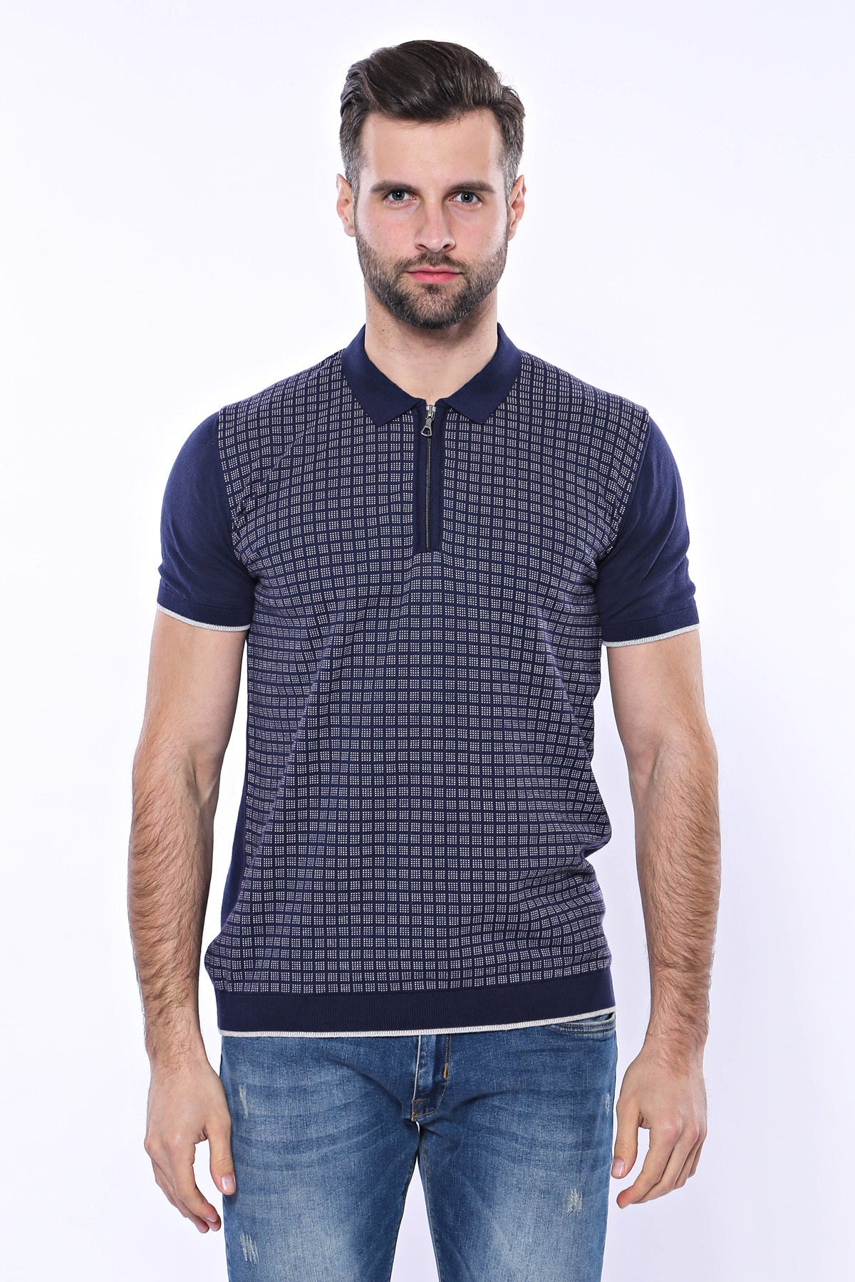 Navy Plaid Zippered Knitted Polo T-Shirt – close up view
