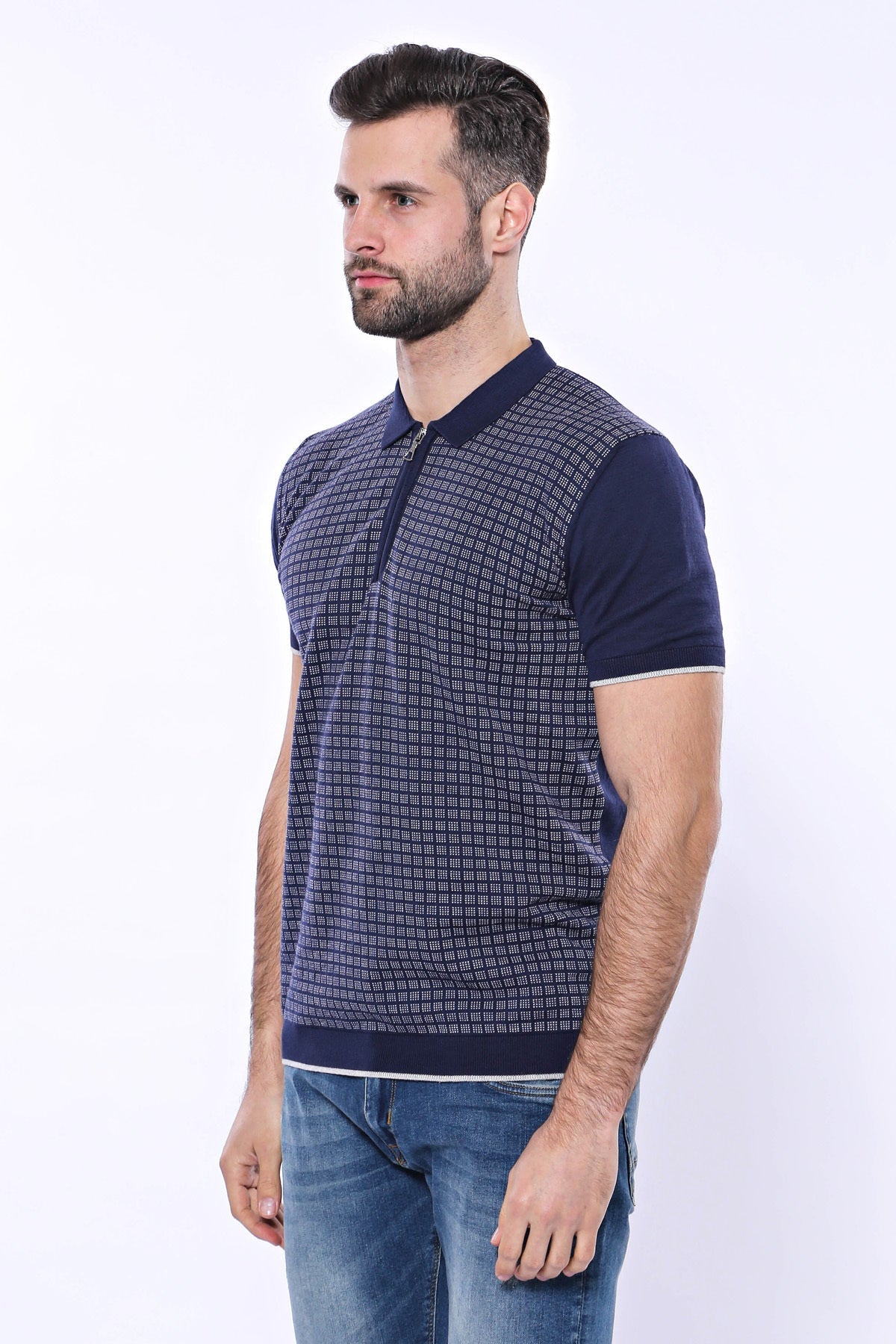 Navy Plaid Zippered Knitted Polo T-Shirt – full look view