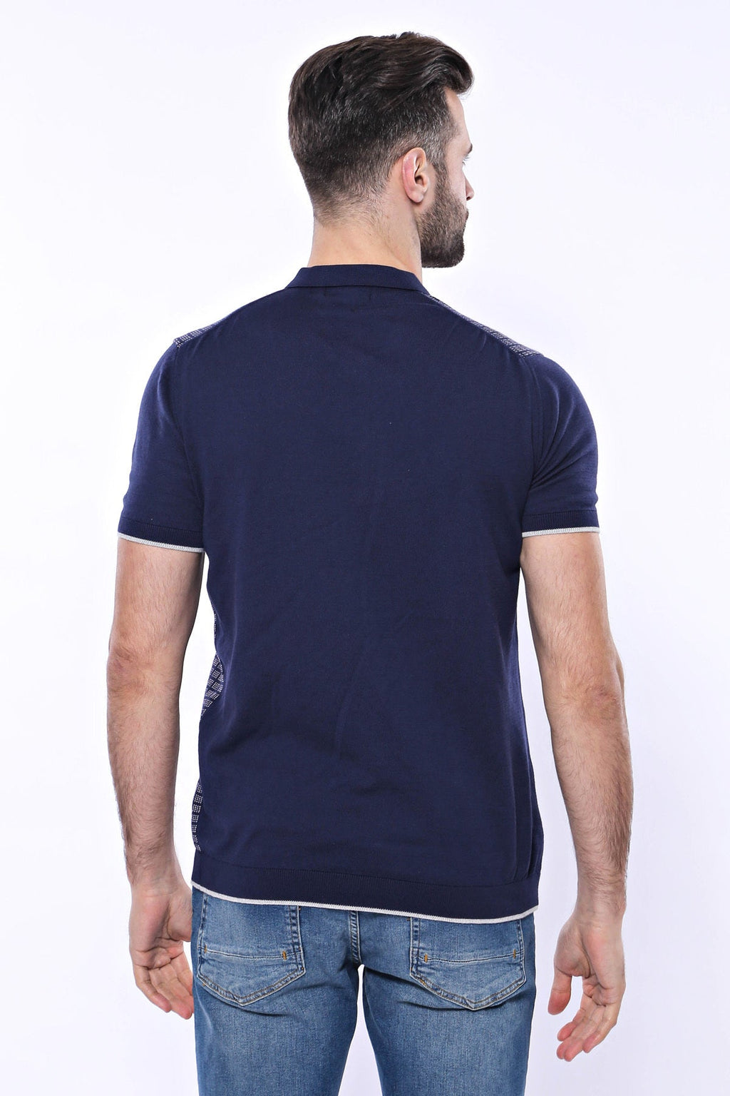 Navy Plaid Zippered Knitted Polo T-Shirt – fabric detail view