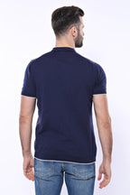 Navy Plaid Zippered Knitted Polo T-Shirt – fabric detail view