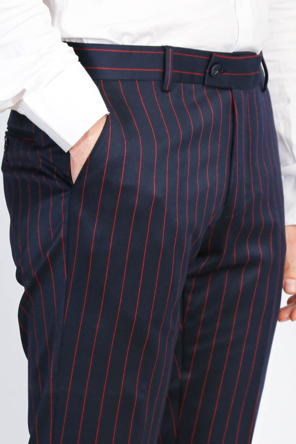 Navy Red Pinstripe Slim Fit Dress Trousers – front view