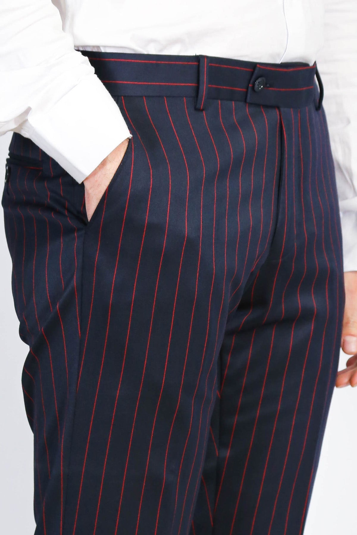 Navy Red Pinstripe Slim Fit Dress Trousers – front view