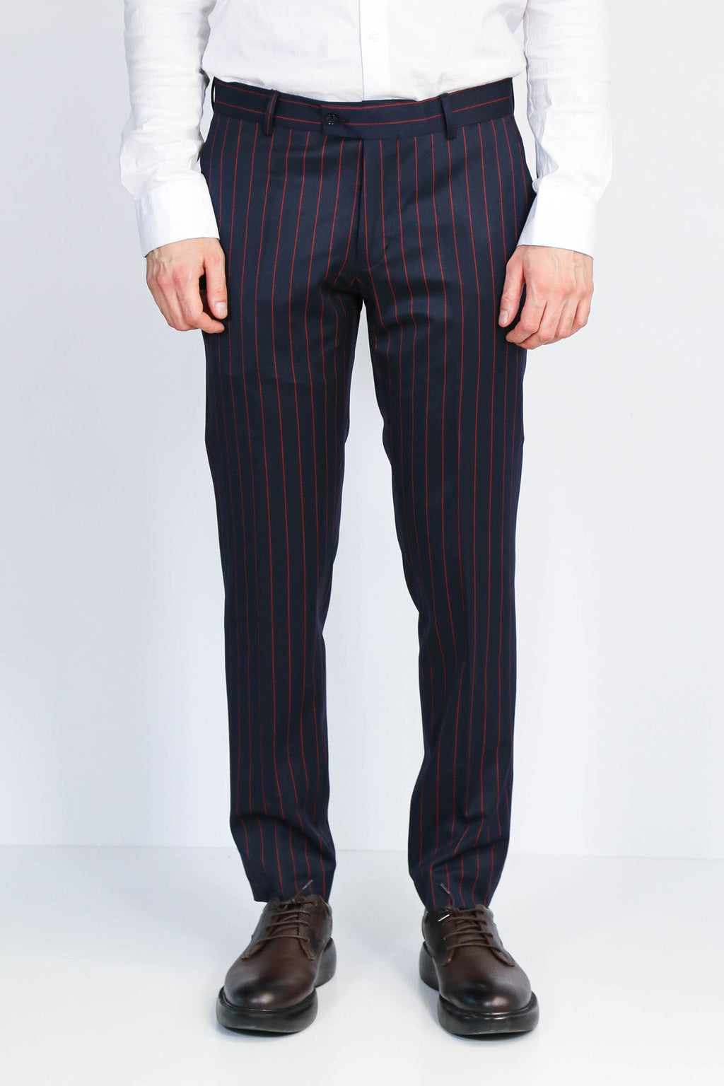 Navy Red Pinstripe Slim Fit Dress Trousers – detail view