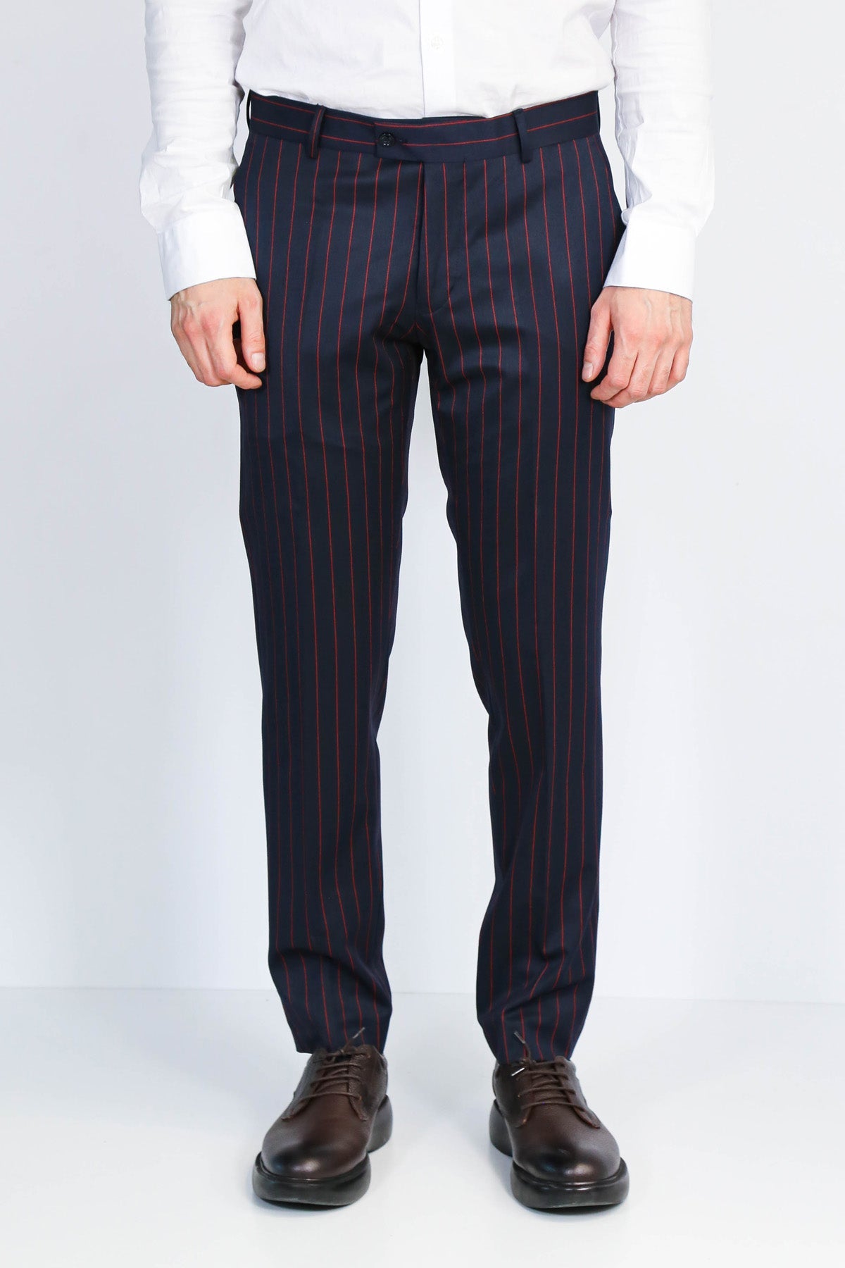 Navy Red Pinstripe Slim Fit Dress Trousers – detail view