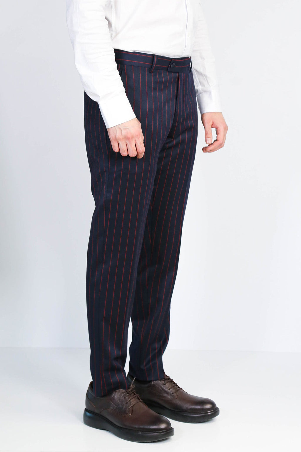 Navy Red Pinstripe Slim Fit Dress Trousers – side view