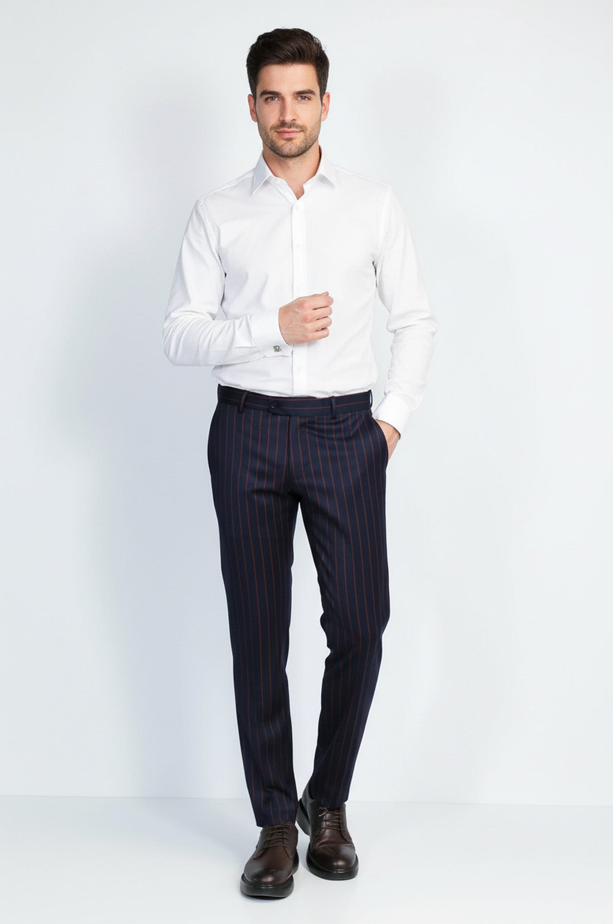Navy Red Pinstripe Slim Fit Dress Trousers – styled view