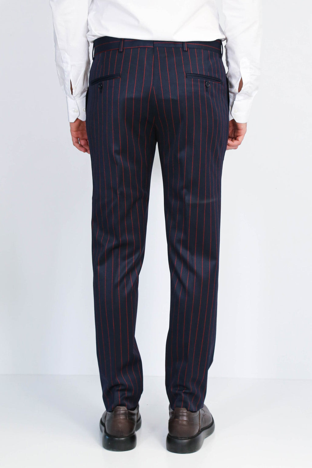 Navy Red Pinstripe Slim Fit Dress Trousers – close up view