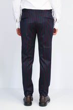 Navy Red Pinstripe Slim Fit Dress Trousers – close up view