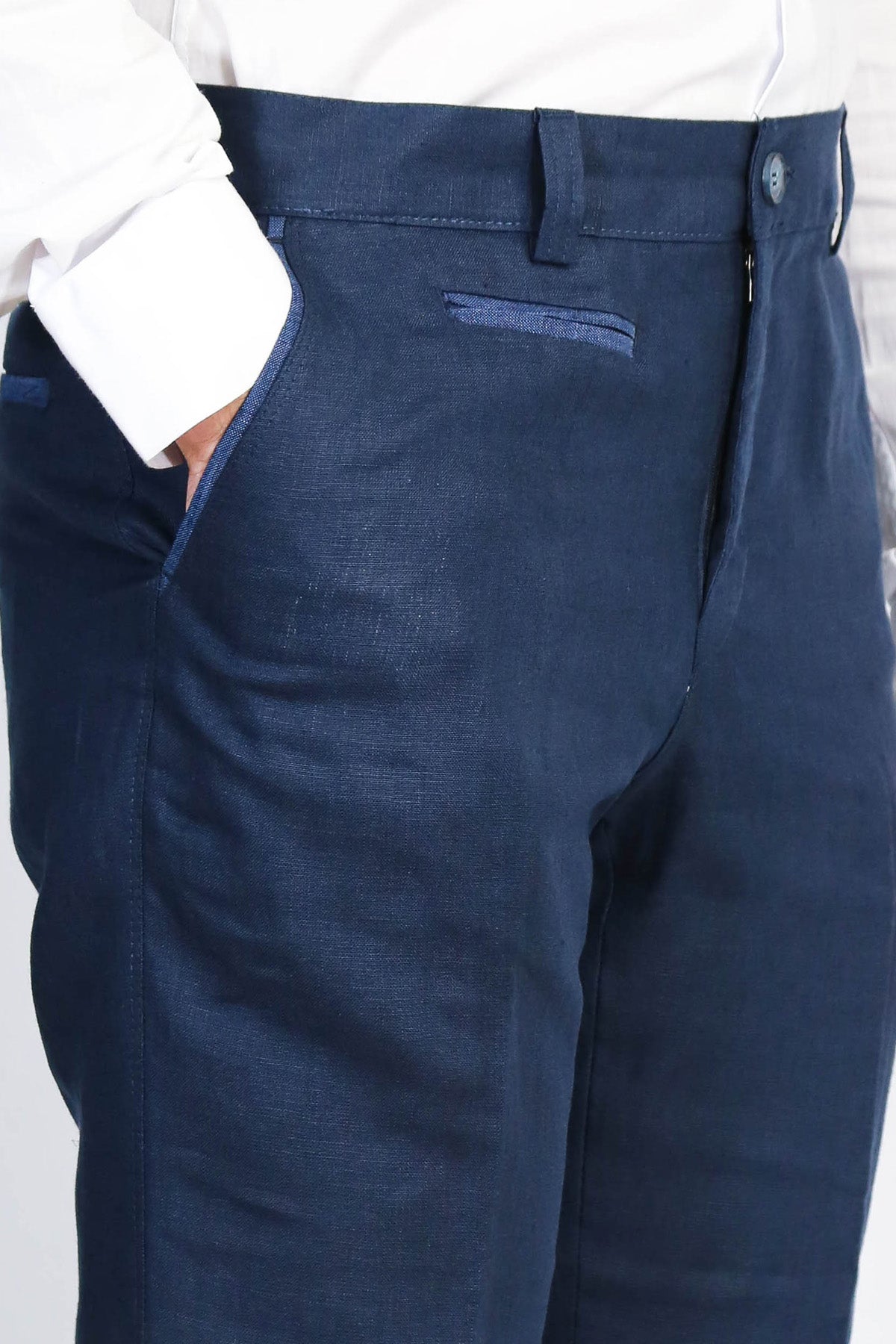 Navy Solid Slim Fit Dress Trousers – front view