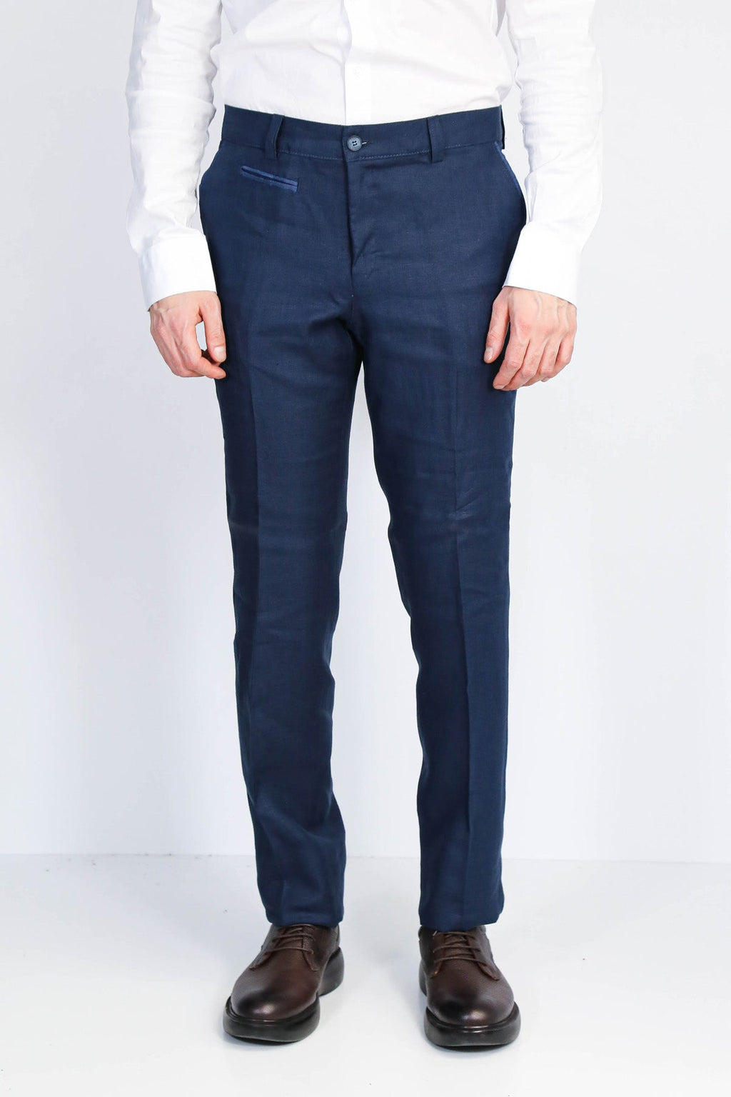Navy Solid Slim Fit Dress Trousers – detail view