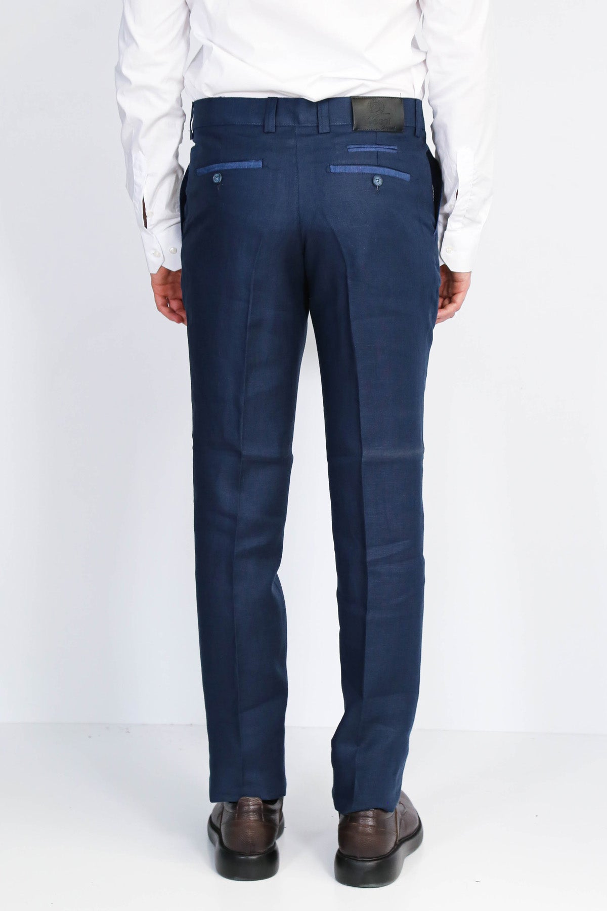 Navy Solid Slim Fit Dress Trousers – close up view