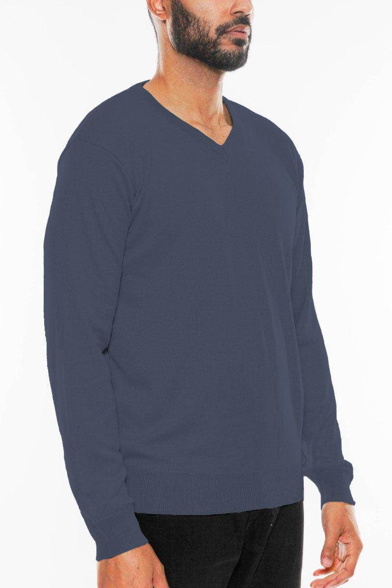 Navy Vneck Knit Pullover Sweater - VacationGrabs