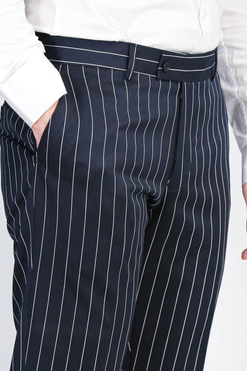 Navy White Pinstripe Slim Fit Dress Trousers – front view