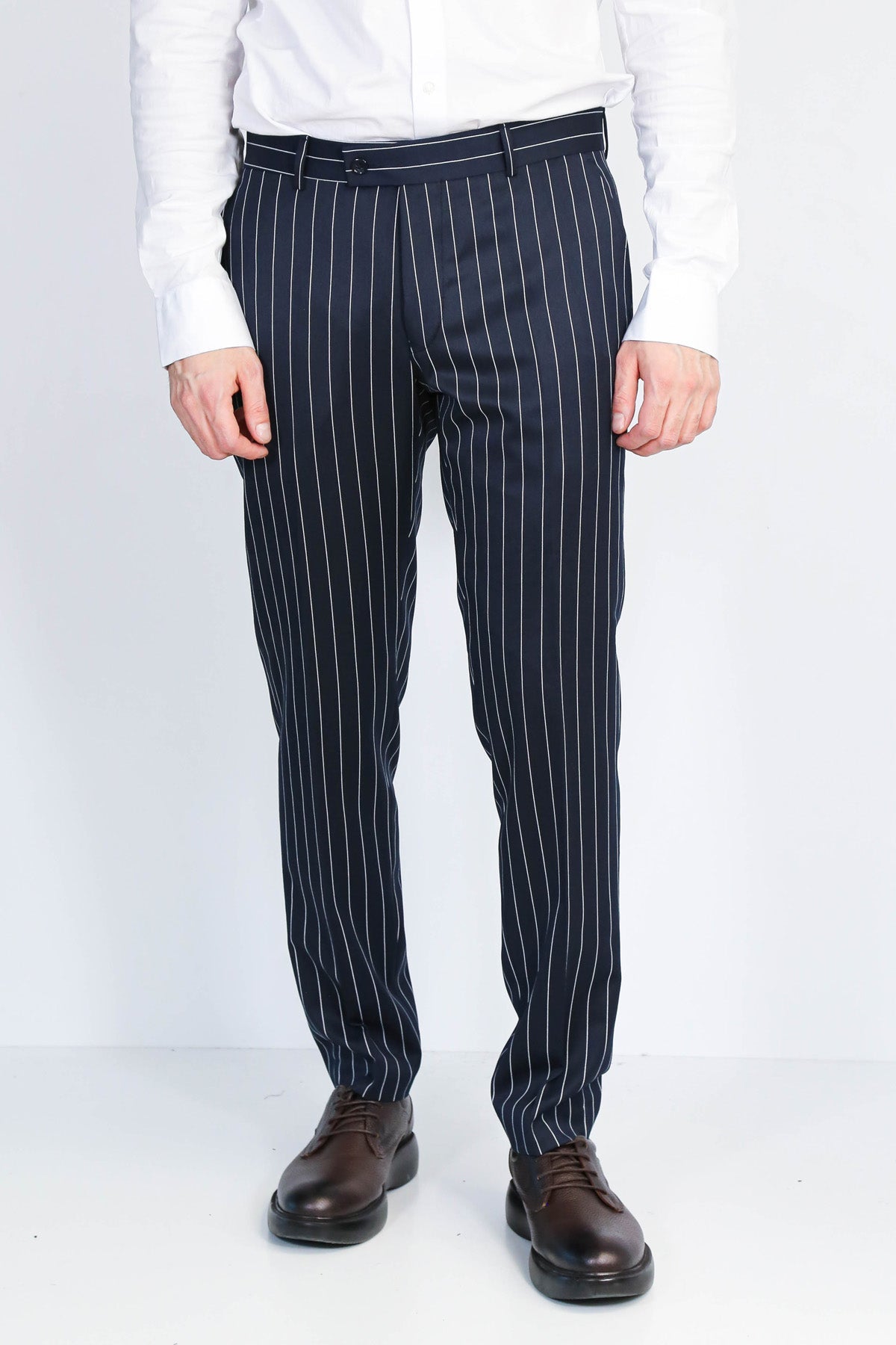Navy White Pinstripe Slim Fit Dress Trousers – detail view