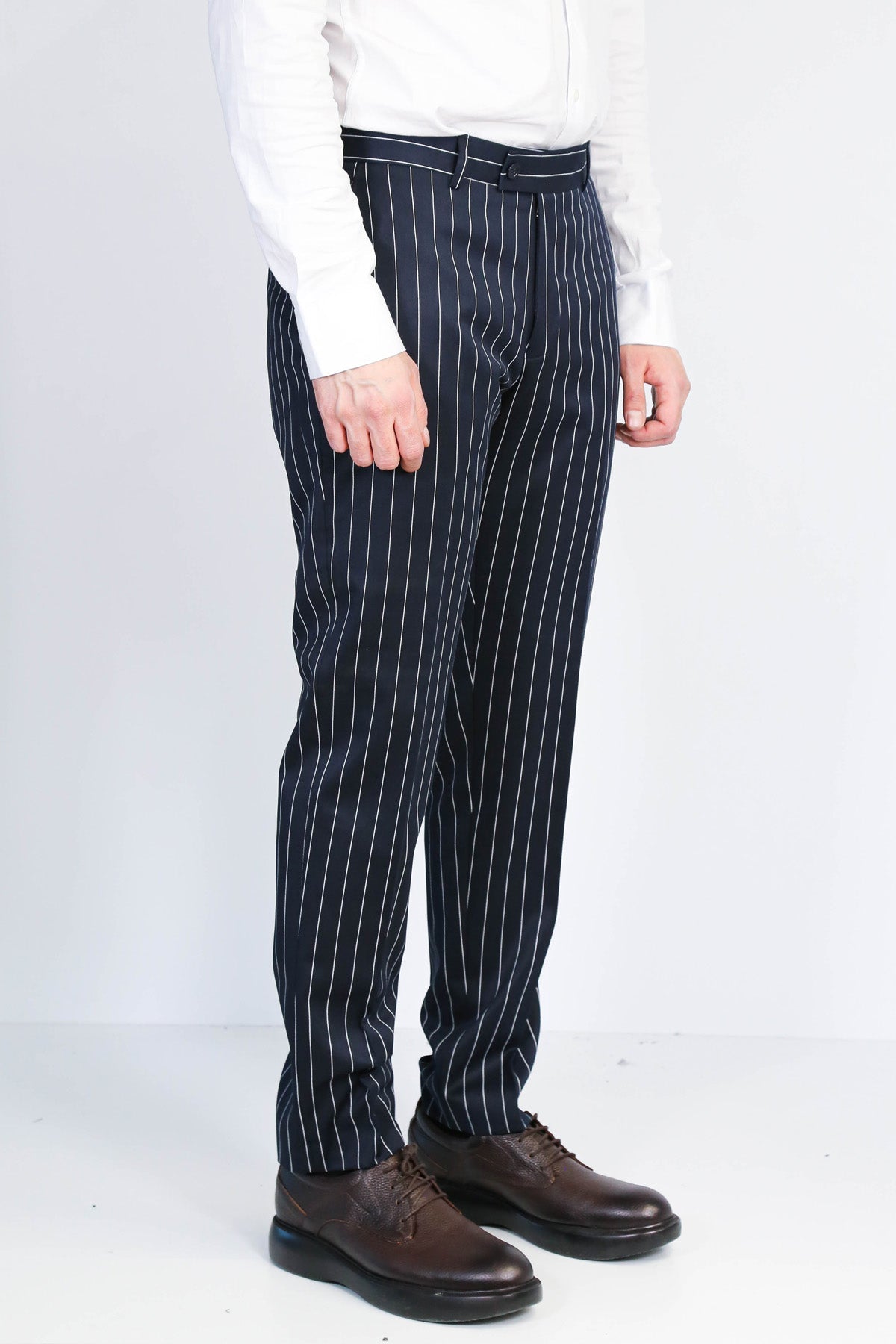 Navy White Pinstripe Slim Fit Dress Trousers – side view