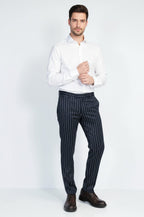 Navy White Pinstripe Slim Fit Dress Trousers – styled view