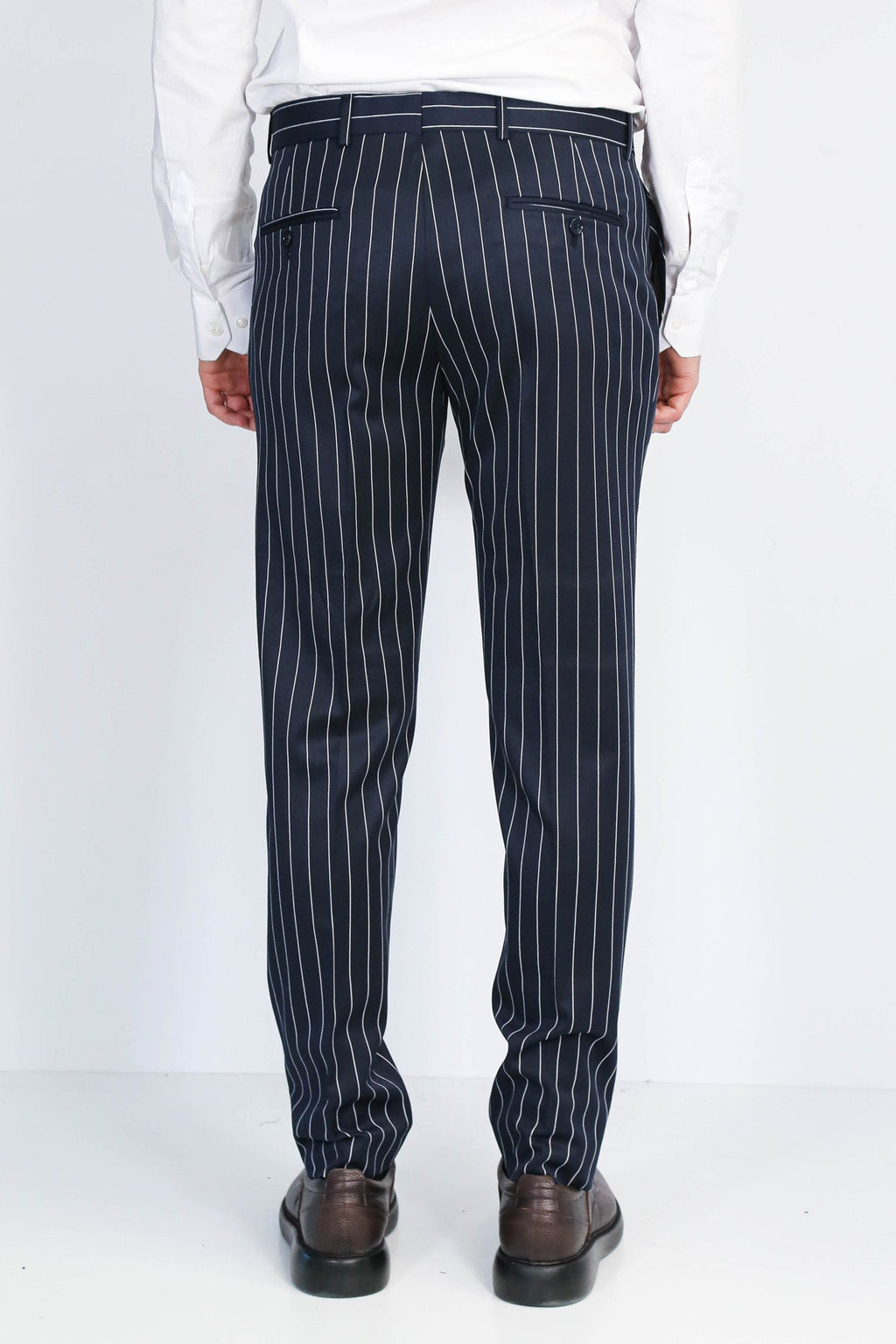Navy White Pinstripe Slim Fit Dress Trousers – close up view