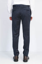 Navy White Pinstripe Slim Fit Dress Trousers – close up view