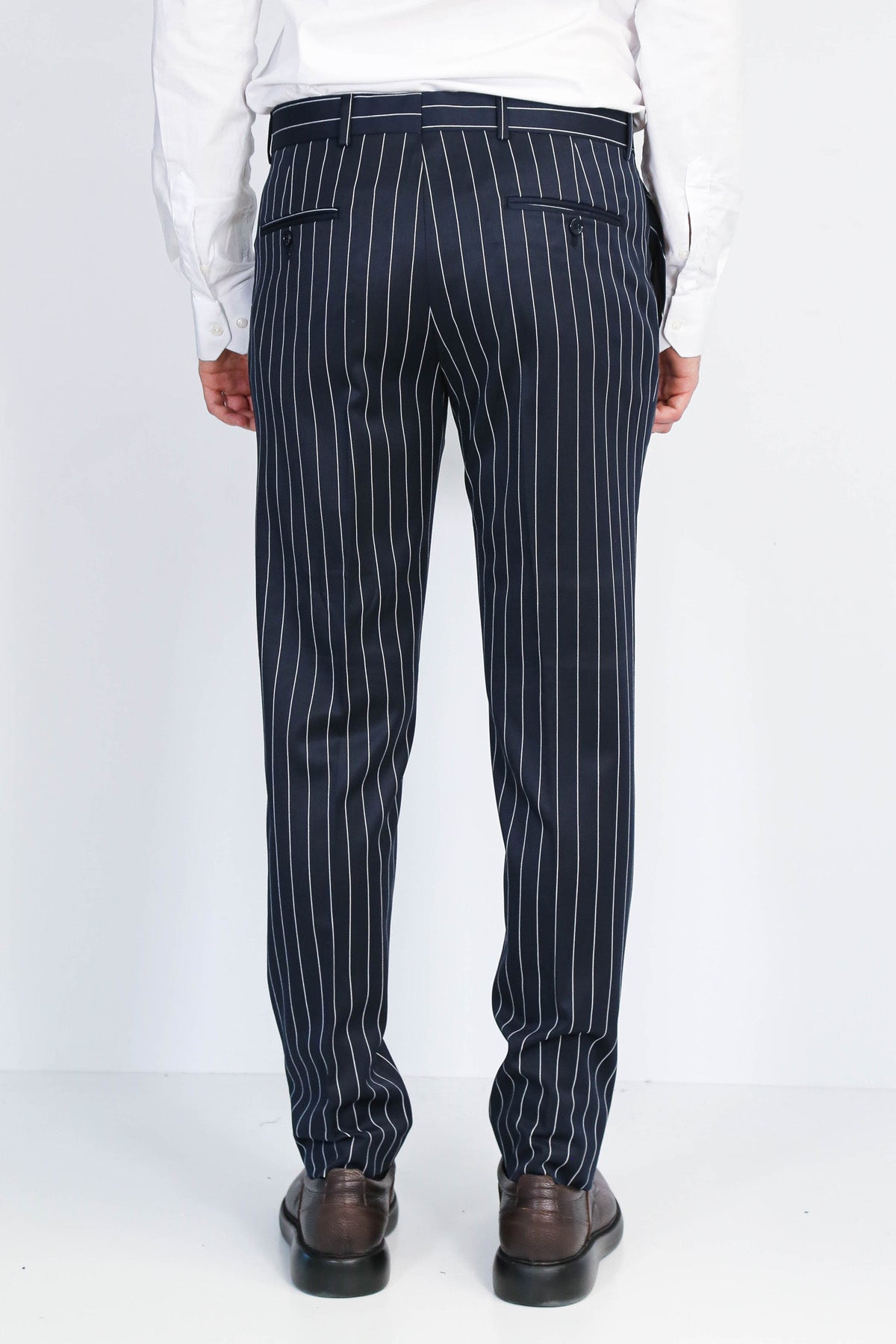 Navy White Pinstripe Slim Fit Dress Trousers – close up view