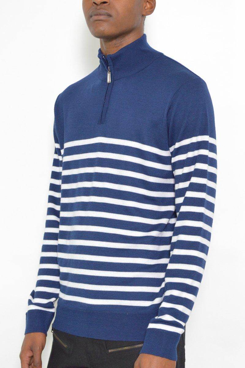 Men's navy white stripe pullover by VacationGrabs with a half-zip design for stylish layering