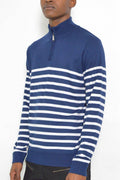 Men's navy white stripe pullover by VacationGrabs with a half-zip design for stylish layering