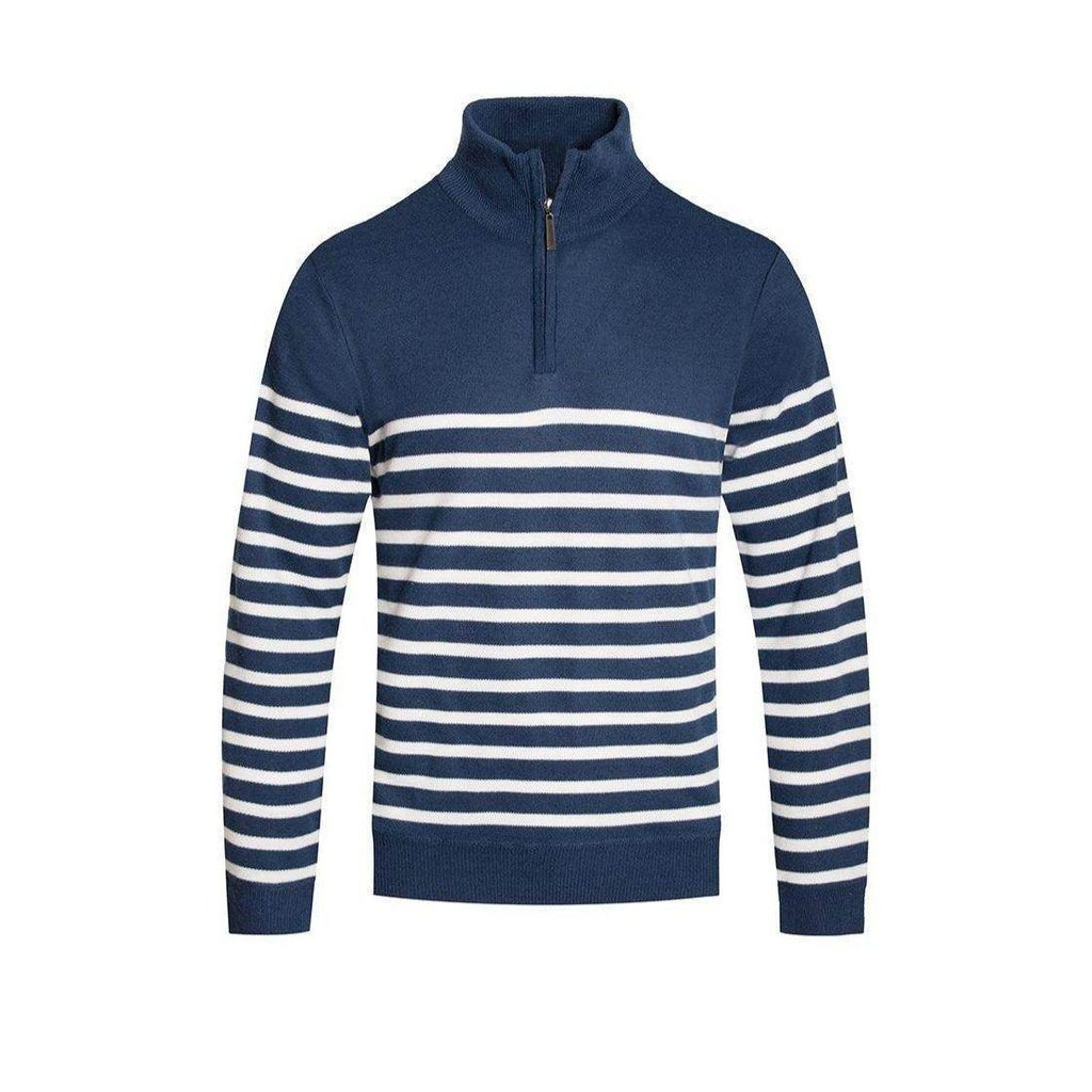 Navy white stripe pullover for men with a quarter zip and comfortable fit by VacationGrabs